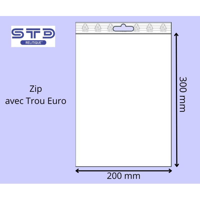 Sachet ZIP trou EURO 200x300 mm PE 90 microns par 1000