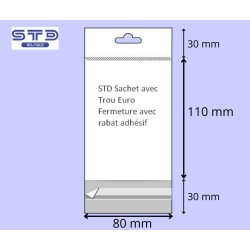 Sachet avec rabat adhésif Trou EURO 80 x 110 mm OPP 30 microns par 1000