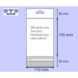 Sachet avec rabat adhésif Trou EURO 110 x 155 mm OPP 30 microns par 1000