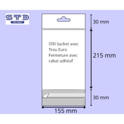 Sachet avec rabat adhésif Trou EURO 155 x 215 mm OPP 30 microns par 1000