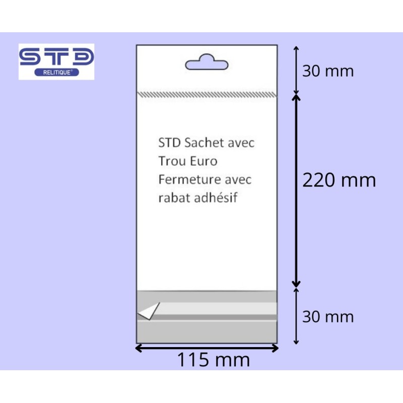 Sachet avec rabat adhésif Trou EURO 115 x 220 mm OPP 30 microns par 1000