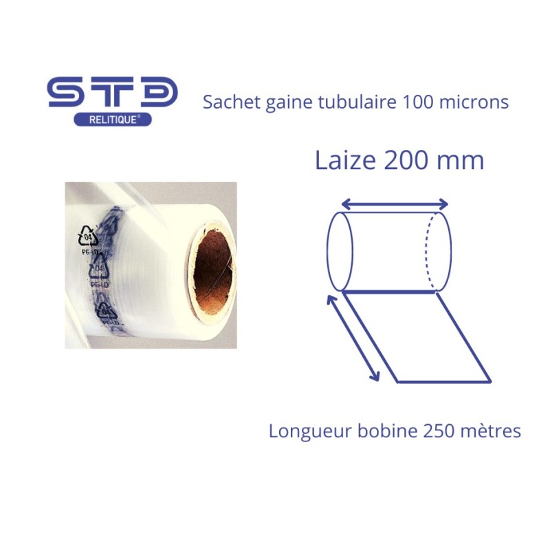 Sachet Gaine PE 100microns laize 200 mm - longueur 250 mètres